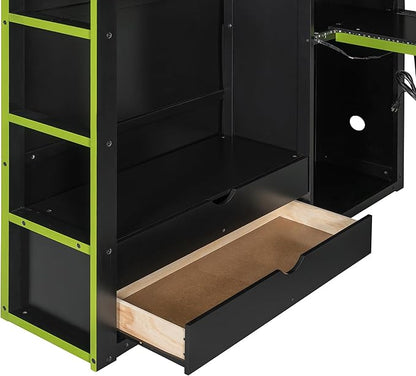 GOWE Full Size Wood Loft Bed with Desk,Wardrobe,Ample Storage Space,and RGB Light, Green(Old SKU:LT000261AAG)