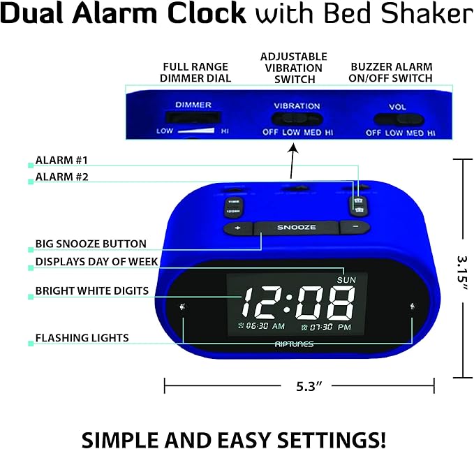 Riptunes Loud Alarm Clock with Bed Shaker for Heavy Sleepers & Hearing Impaired - Dual Alarm for Bedroom Weekday and Weekend Settings USB Charging, Dimmer, Snooze