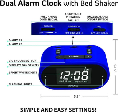 Riptunes Loud Alarm Clock with Bed Shaker for Heavy Sleepers & Hearing Impaired - Dual Alarm for Bedroom Weekday and Weekend Settings USB Charging, Dimmer, Snooze
