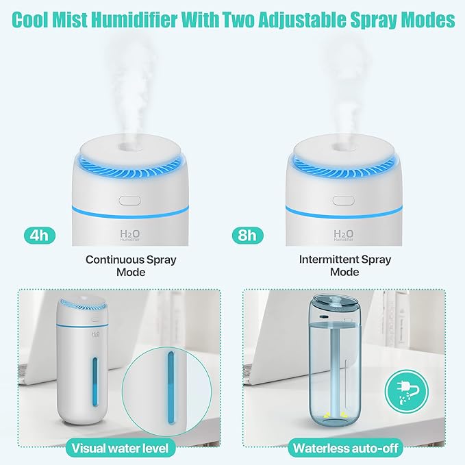 Small Humidifiers for Bedroom Nightstand Room 400ML USB Humidifer Plant Cool Mist Humidifier Easy Clean Travel Mini Portable Personal Desk Car Quiet Auto Shut-off Air Humidifier with Led Lights
