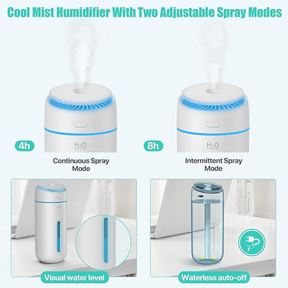 Small Humidifiers for Bedroom Nightstand Room 400ML USB Humidifer Plant Cool Mist Humidifier Easy Clean Travel Mini Portable Personal Desk Car Quiet Auto Shut-off Air Humidifier with Led Lights