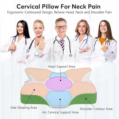 Anvo Cervical Neck Pillow for Neck and Shoulder Pain - Memory Foam Pillows for Pain Relief Sleeping, Contour Orthopedic for Side Back Stomach Sleeper, Grey