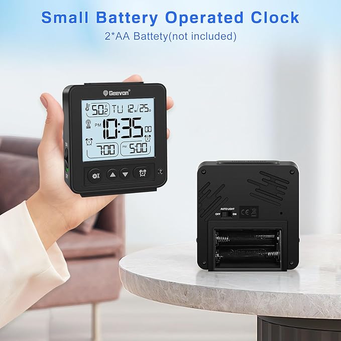 Geevon Small Digital Alarm Clock for Heavy Sleepers, Portable Travel Atomic Clock with Battery Powered, Compact Desk Table Clock with Auto Light Night, Dual Alarms, 8s Backlight for Bedroom, Black