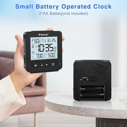 Geevon Small Digital Alarm Clock for Heavy Sleepers, Portable Travel Atomic Clock with Battery Powered, Compact Desk Table Clock with Auto Light Night, Dual Alarms, 8s Backlight for Bedroom, Black