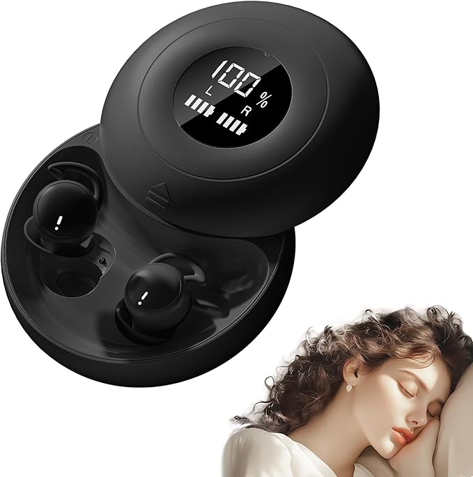 sunvito Sleep Earbuds Bluetooth 5.4, Mini Invisible Silicone Sleep Earbuds for Side Sleepers, Noise Blocking Sleeping Headphones, Hidden Earbuds with LED Display for Small Ears, Sleep & Relax (Black)