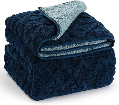 Wemore Weighted Blanket for Adults Twin Size 15 lbs, Dual Sided Soft Fuzzy Jacquard Sherpa Weighted Blankets for Sleeping, Cozy Fluffy Knitted Heavy Blanket for Couch Bed, Navy Blue, 60 x 80 inches