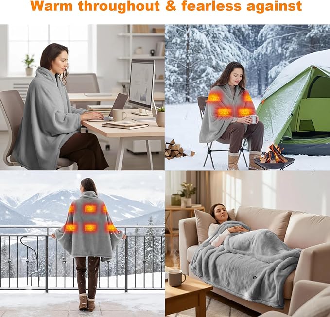 16000mAh Heated Blanket Battery Operated Soft Cordless Heated Blanket Shawl Portable Heated Throw Blanket Poncho Wraps Fast Heating with 3 Heat Levels 6 Heating Zones