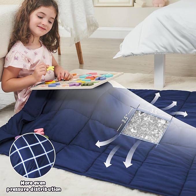 BETU Weighted Blanket (36''x48'' 3lbs Grey Small Size & 40''x60'' 7lbs Navy Blue Throw Size) 2 Pieces Bundled, Cooling Heavy Blanket with Premium Glass Beads, Soft Thick Blankets for Sleep.
