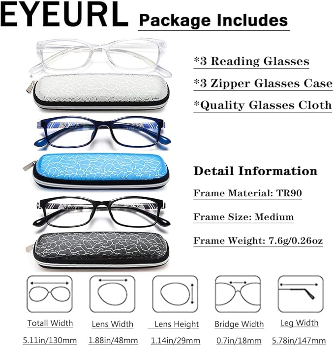 EYEURL Reading Glasses for Women-Blue Light Blocking For Men Women-3 Pack Computer Readers 3.5 Spring Hinge Anti UV Ray/Eye Strain/Glare Eyeglasses