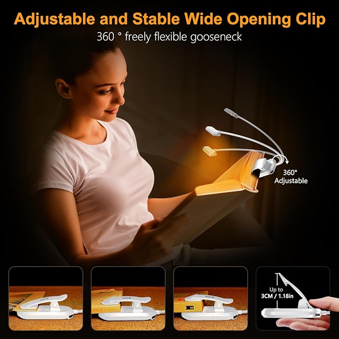 Gritin Rechargeable Book Light for Reading in Bed with 19 LED &Memory Function-Eye Caring 3 Color Temperatures,5 Brightness Levels,90 Hrs Runtime Flexible Goose Neck Clip on Light-White