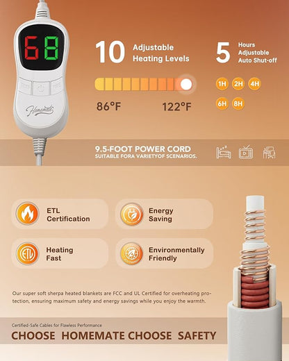 Homemate Electric Heated Blanket Queen Size - 84"x90" Heating Blanket Queen Size Dual Control 1/2/4/6/8 Hours Auto-Off 10 Heat Level Over-Heat Protection Flannel Sherpa ETL Certification