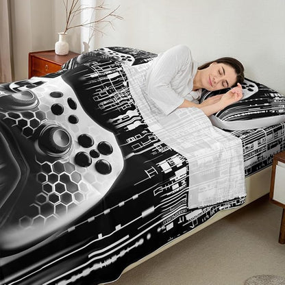 3D Gaming Gamepad Kids Sheet Queen Size,Geometric Neon Lights Honeycomb Hexagon Bedding Set,Boys Girls Room Decor,Modern Videogames Controller Grey Bed Sheet Set 4pcs(Fitted + Flat + 2 Pillowcases)