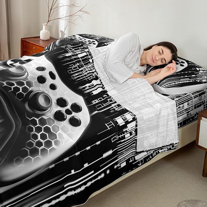 3D Gaming Gamepad Kids Sheet Full Size,Geometric Neon Lights Honeycomb Hexagon Bedding Set,Boys Girls Room Decor,Modern Videogames Controller Grey Bed Sheet Set 4pcs(Fitted + Flat + 2 Pillowcases)