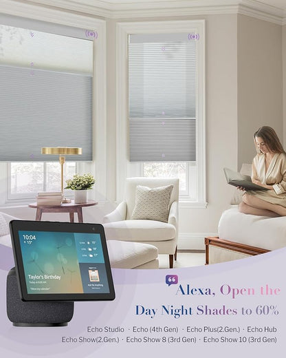 Graywind Motorized Day Night Cellular Shades with Remote, Smart Honeycomb Blinds Compatible with Alexa & Google Home, Custom Size Blackout/Privacy for Bedroom, Living Room & Home Office, Blue