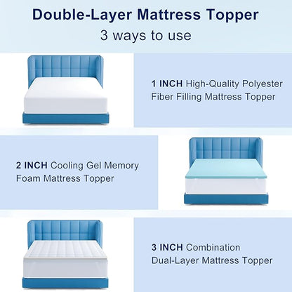 XWZO Twin Size Memory Foam Mattress Topper Dual Layer 3 Inch,2 Inch Cooling Gel Memory Foam Mattress Topper and 1 Inch Pillow Top Pad for Back Pain Relief