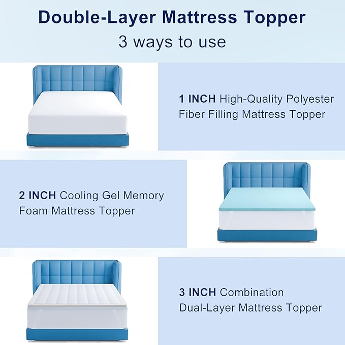 XWZO Twin XL Memory Foam Mattress Topper Dual Layer 3 Inch,2 Inch Cooling Gel Memory Foam Mattress Topper and 1 Inch Pillow Top Pad for Back Pain Relief