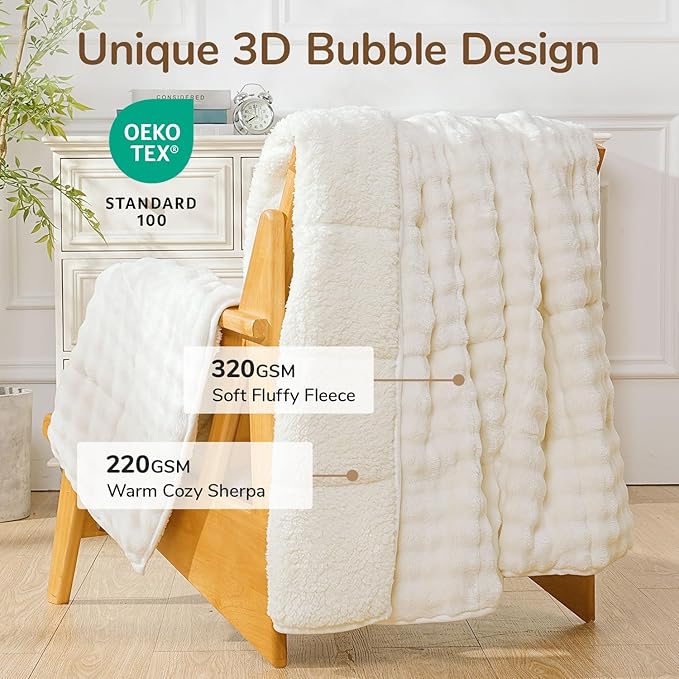 Cottonblue Bubble Weighted Blanket 20lbs Faux Fur Sherpa Heavy Weighted Blankets for Adults, Fits Queen Size Bed, Cute Fuzzy Warm Heavy Blanket for Calm and Better Sleep, 60"x80", Cream White