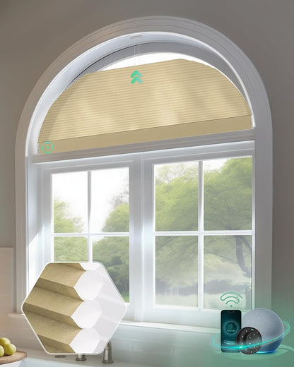 Yoolax Smart Cellular Shades, Motorized Arch Window Honeycomb Blinds Motorized Blinds with Remote Compatible with Alexa, Customized Arched Cellular Shades (Half Shading Light Coffee)