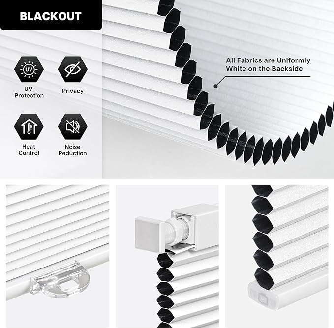LazBlinds Cordless Cellular Shades, No Tools No Drill Blackout Honeycomb Shades Pleated Blinds for Windows, 22'' W x 36'' H, Silver White