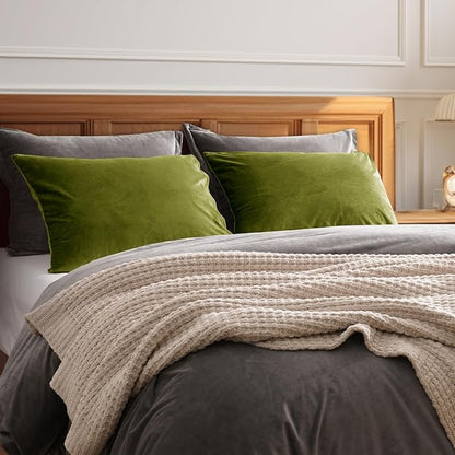 PHF Super Soft Velvet Pillowcases Standard Size, No Insert, 2 Pack Luxury Cozy Warm Pillow Shams Covers with Envelope Closure, 20" X 26" Cozy Fuzzy Flannel Pillow Case, Olive Green