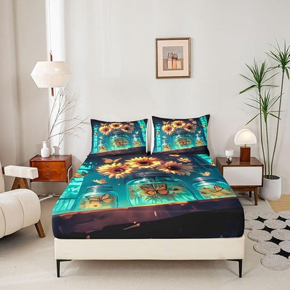 Yellow Sunflower Kids Queen Size Fitted Sheet,Farmhouse Floral Flower Boys Girls Bed Sheets,Butterfly Rustic Wooden Room Decor,Teal Yellow Bedding Set,2 Pillowcases(No Flat)