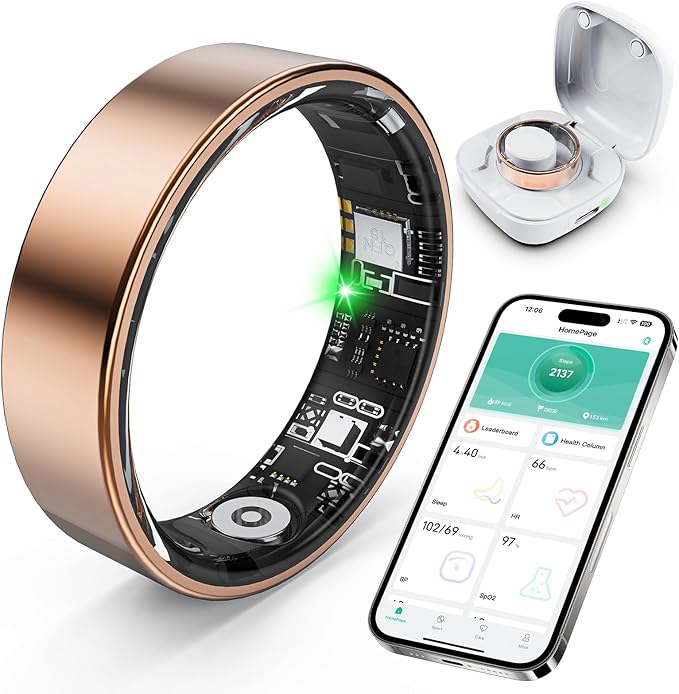 Smart Ring with Sleep Monitoring, Step Counting, Heart Rate, Blood Oxygen for iPhone and Android, No Subscription Fee, IP68 Waterproof Health Tracker (Rose Gold, 10)