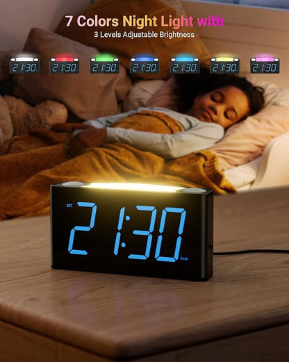Rocam Digital Alarm Clock for Bedrooms - Large 7.5'' LED Display with Dimmer, Snooze, 7 Color Night Light, Easy to Set, USB Chargers, Battery Backup, 12/24 Hour for Kids,Heavy Sleepers(Blue)