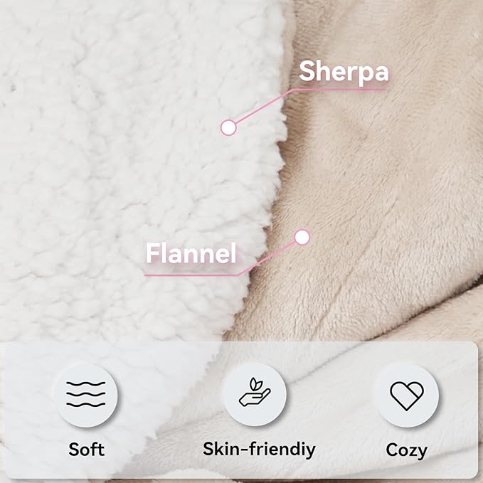 Heated Electric Blanket Queen Size 84"×90" Soft Flannel and Sherpa Warm Blanket Dual Controllers Heating Blanket,10 Heating Levels,Machine Washable,Beige