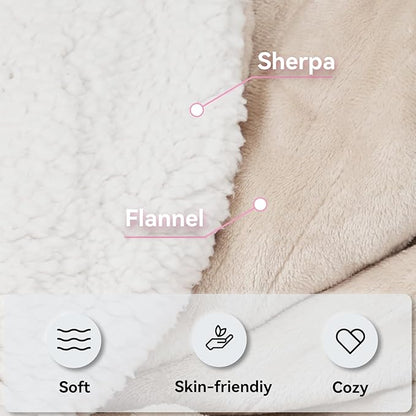 Heated Electric Blanket Queen Size 84"×90" Soft Flannel and Sherpa Warm Blanket Dual Controllers Heating Blanket,10 Heating Levels,Machine Washable,Beige