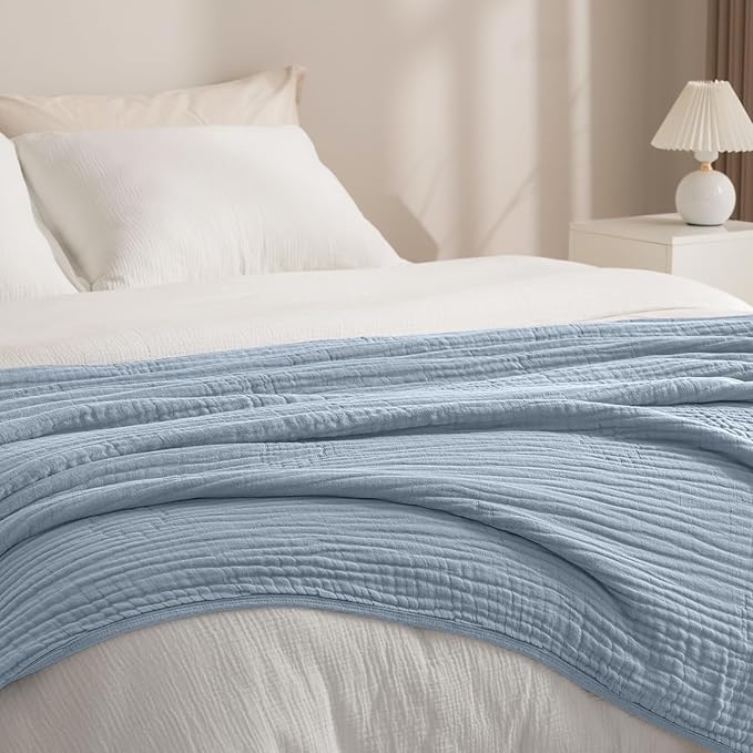 PHF Cooling Muslin Blanket Twin Size 60"x80", 6-Layer Lightweight Gauze Blanket Made from 35% Rayon Derived from Bamboo & 65% Cotton, Breathable & Ultra Soft Cozy for Hot Sleepers, Dusty Blue