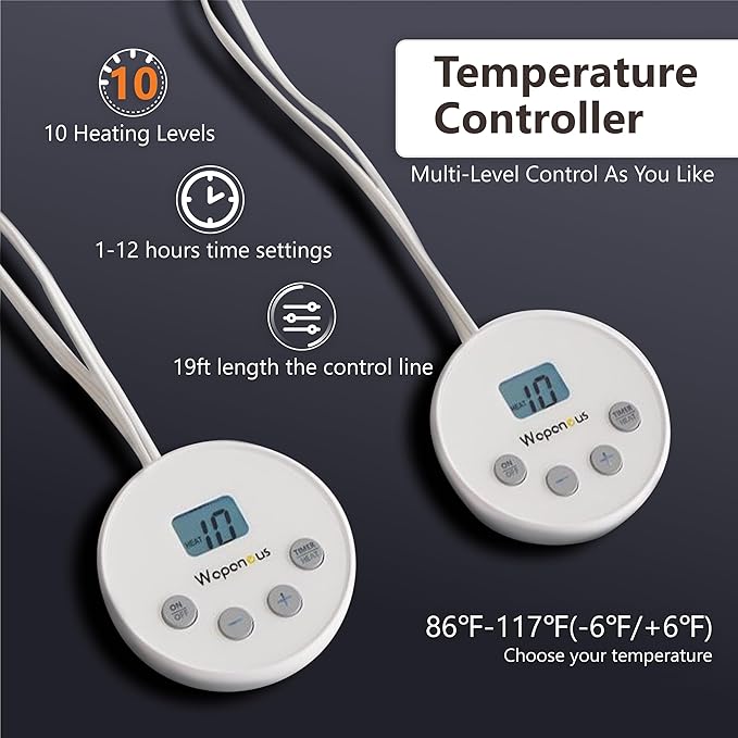 Wapaneus Heated Mattress Pad Queen Size 10 Heat Settings & Dual Control with 1-12 Hours Timer Auto Off,Deep Pocket Fits up to 18",Microfiber Bed Warmer,ETL Listed Machine Washable,60"x80"
