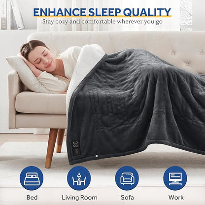 Sealy Heated Blanket Throw with Built-in Button Controller, Reversible Flannel to Sherpa Electric Blanket with 2-10 Hours Auto-Off & 4 Heating Levels, Over-Heat Protection, 50x60 inch, Charcoal