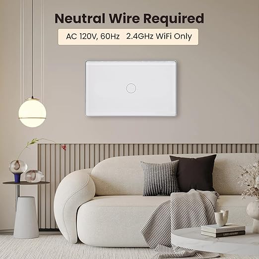 Smart Light Switch,1-Button,Aluminum Frame, Neutral Required,2.4GHz, Tuya Smart Life App,Voice Control,2.5D Curved-Edge Tempered Glass Panel,White