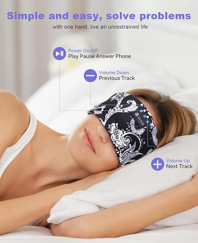 LOVE EYE Sleep Headphones Wireless Headband Headphones Bluetooth 5.4 for Side Sleeper Bluetooth Headband Earphones for Sports for tech Gadgets Gifts (Flower Black)