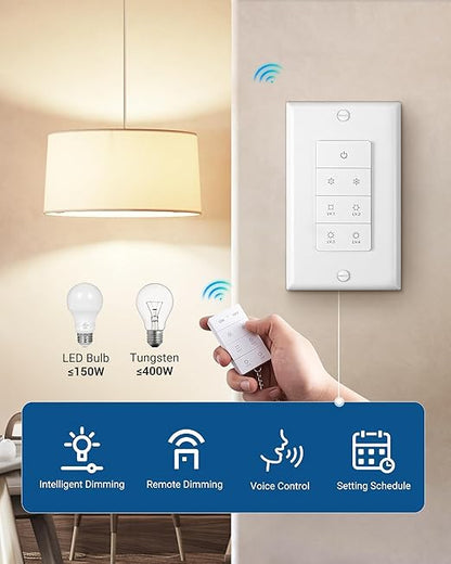 DEWENWILS Smart Dimmer Switch with Remote, Single-Pole, Needs Neutral Wire, 2.4GHz Wi-Fi Electrical Light Dimming Switch Works with Alexa & Google Home, Remote/WiFi Smart Control Dimmer, ETL Listed