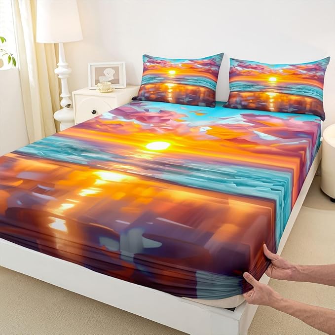 Beach Kids Full Size Fitted Sheet,Sunset Hawaii Ocean Summer Boys Girls Bed Sheets,Abstract Seashore Coastal Room Decor,Orange Blue Bedding Set,2 Pillowcases(No Flat)