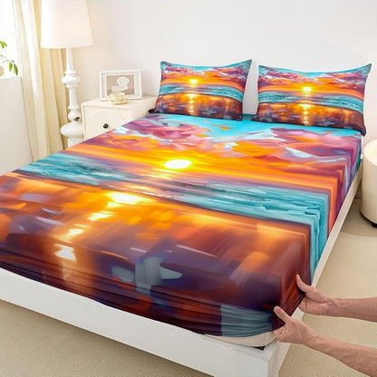 Beach Kids Full Size Fitted Sheet,Sunset Hawaii Ocean Summer Boys Girls Bed Sheets,Abstract Seashore Coastal Room Decor,Orange Blue Bedding Set,2 Pillowcases(No Flat)