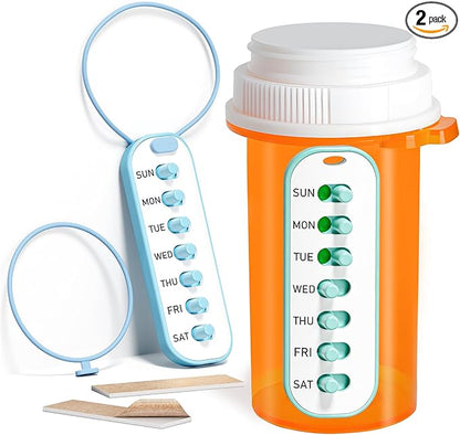 Odaro 2 Pack Pill Reminder, Lanyad or Sticker Pill Tracker, Work with Most Bottles, Reusable Medication Tracker Replacement of Vitamin Weekly (7 Day) Medicine Organizer