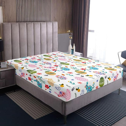 Happy Easter Fitted Sheet Twin Size Easter Egg Cute Rabbit Bedding Set for Kids Bedroom Floral Spring Flowers Bed Sheet Set 2pcs Colorful Deep Pocket Mattress Cover,No Top Flat