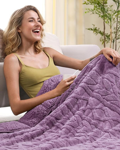 Cottonblue Jacquard Weighted Blanket 15lbs for Adults Twin Full Size, Soft Fuzzy Sherpa Fleece Weighted Throw Blankets 48x72 in for Relax and Sleep, Cozy Heavy Bed Blankets with Cemaric Beads, Purple