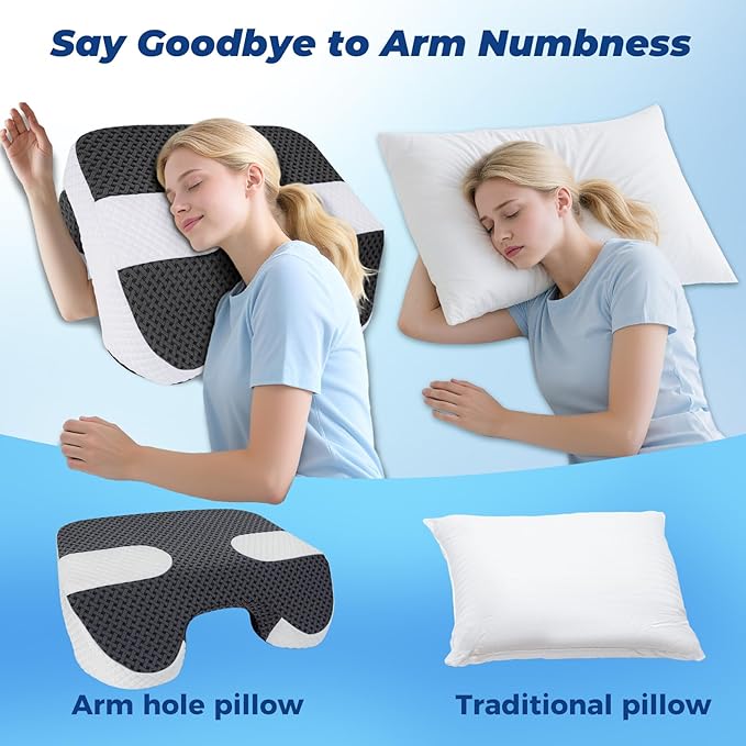 SAHEYER Side Sleeper Pillow with Arm Holes, 2 in 1 Shoulder Relief System for Rotator Cuff Pain, Memory Foam Pillow for Adults with 3 Arm Place Hole, Dark Black