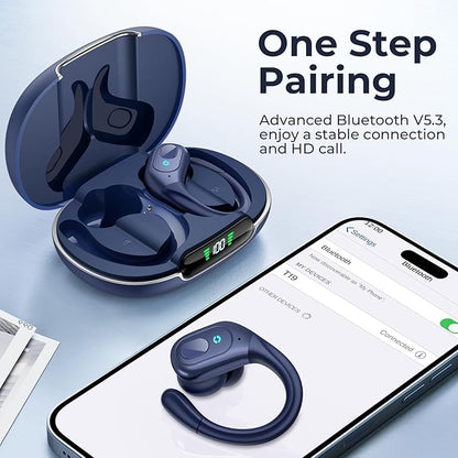 occiam Active Noise Cancelling Earbuds Wireless Bluetooth Headphones Ear Buds 90Hrs Playback Stereo Bass Earphones with Mic Over-Ear Hooks IPX7 Waterproof Headset for Work Sports Running Gym Deep Blue