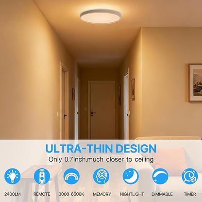 Dimmable LED Flush Mount Ceiling Light Fixture with Remote Control, 24W 2400LM, 12Inch, 2000K Warm Night Light & 3000K-6500K, Modern Super Slim Ceiling Lamp for Bedroom Kitchen, White, 1 Pack