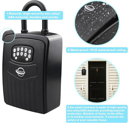 Smart Bluetooth Key Lock Box,Remote Access via App/Code,Resettable 6-Digit Combination,Large Capacity for 5 Keys,Wall-Mounted,No WiFi Needed,Black(with Shackle)