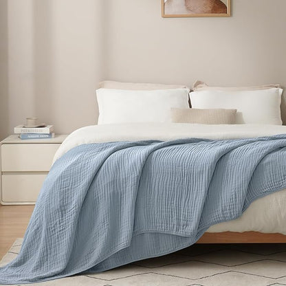 PHF Cooling Muslin Blanket Twin Size 60"x80", 6-Layer Lightweight Gauze Blanket Made from 35% Rayon Derived from Bamboo & 65% Cotton, Breathable & Ultra Soft Cozy for Hot Sleepers, Dusty Blue