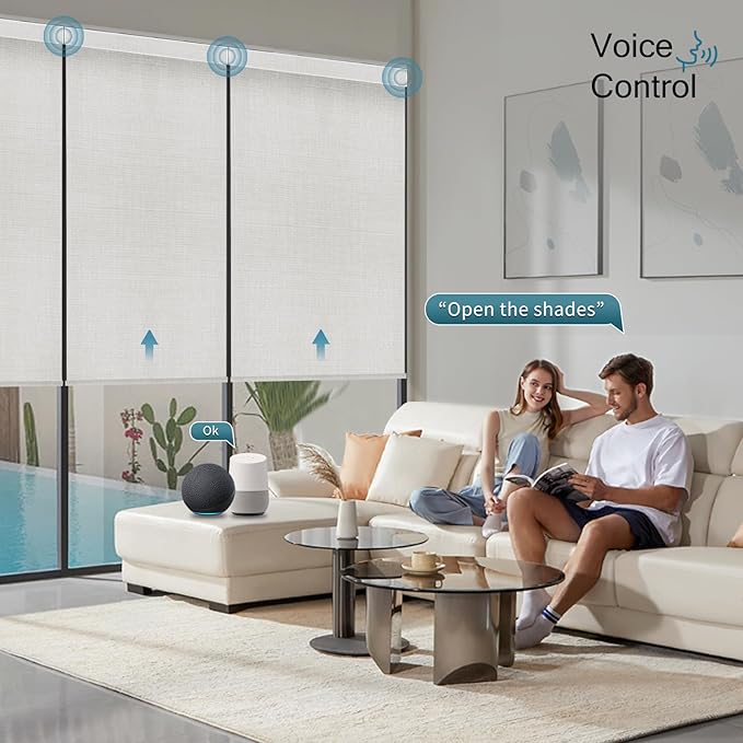 Motorized Roller Shade, 100% Blackout Smart Window Blinds Work with Homekit, Alexa, Google Home, Remote Control, Electric Blinds with USB/Solar Pannel Charging, Gentle White