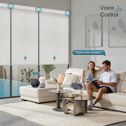 Motorized Roller Shade, 100% Blackout Smart Window Blinds Work with Homekit, Alexa, Google Home, Remote Control, Electric Blinds with USB/Solar Pannel Charging, Gentle White