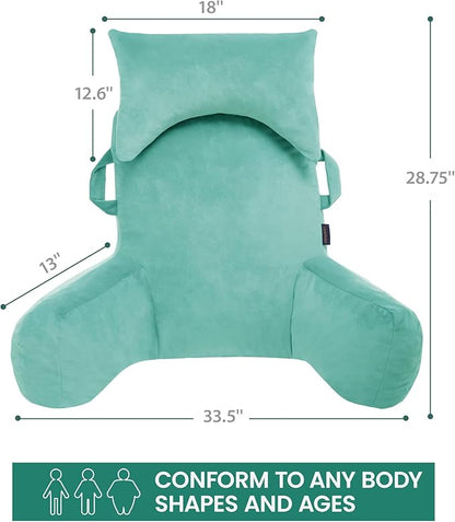 Portable Reading Pillows with Headrest for Bed Sitting Up(Lake Blue Oeko-Tex), Velvet Back Pillow with Arms & Pockets for Adults, Support Memory Foam Bed Pillow for Dorm/Watching/Gaming
