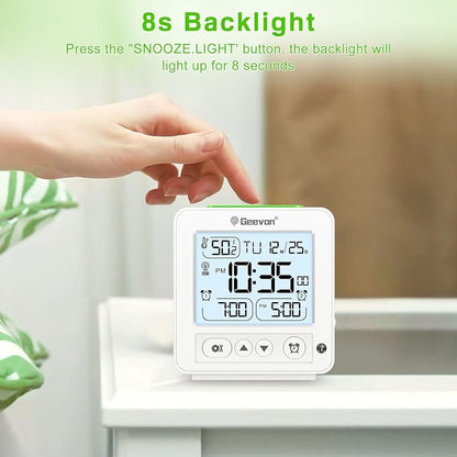 Geevon Small Digital Alarm Clock for Heavy Sleepers, Portable Travel Atomic Clock with Battery Powered, Compact Desk Table Clock with Auto Light Night, Dual Alarms, 8s Backlight for Bedroom, White