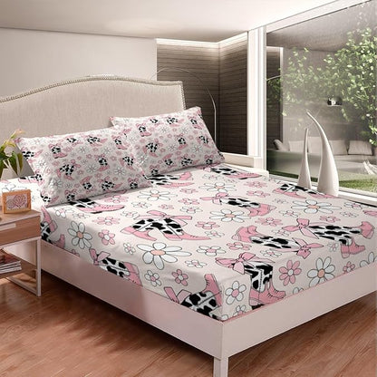 Cowgirl Boots Fitted Sheet,Daisy Flowers 70s Retro Groovy Cartoon Soft Decorative Fabric Bedding Princess Pink Bowknots Rustic Cowhide Pocket Twin Size with 1 Pillowcase